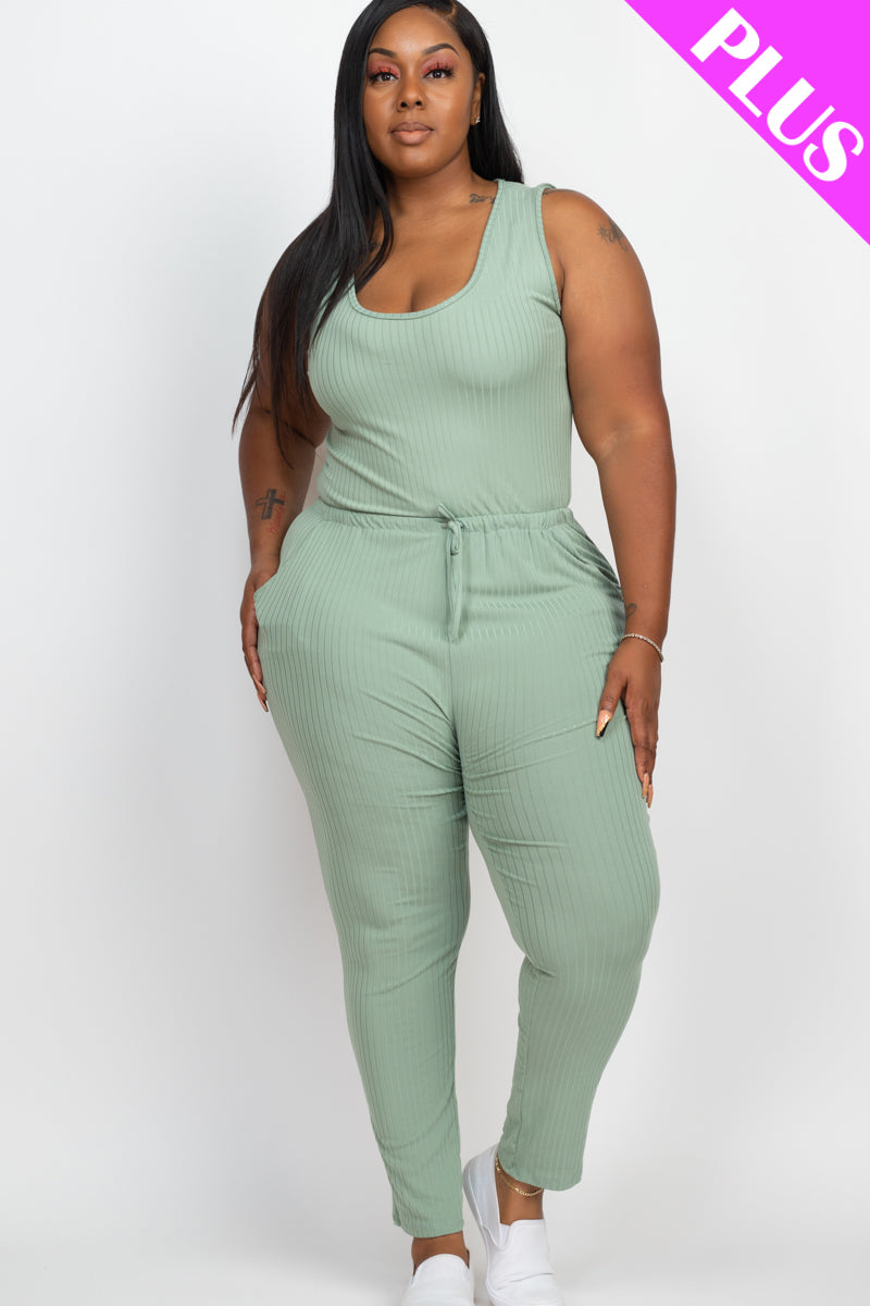 Plus Size Ribbed Sleeveless Drawstring Jumpsuit-35