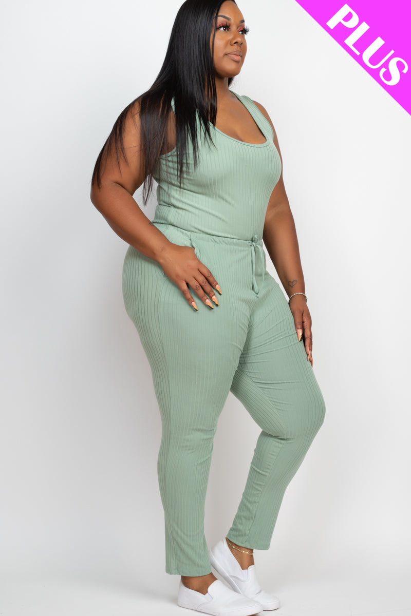 Plus Size Ribbed Sleeveless Drawstring Jumpsuit-36