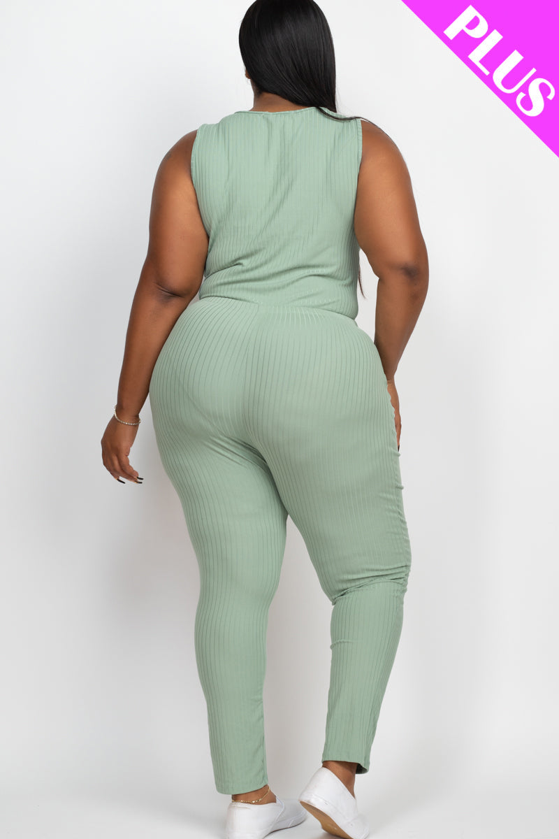 Plus Size Ribbed Sleeveless Drawstring Jumpsuit-37