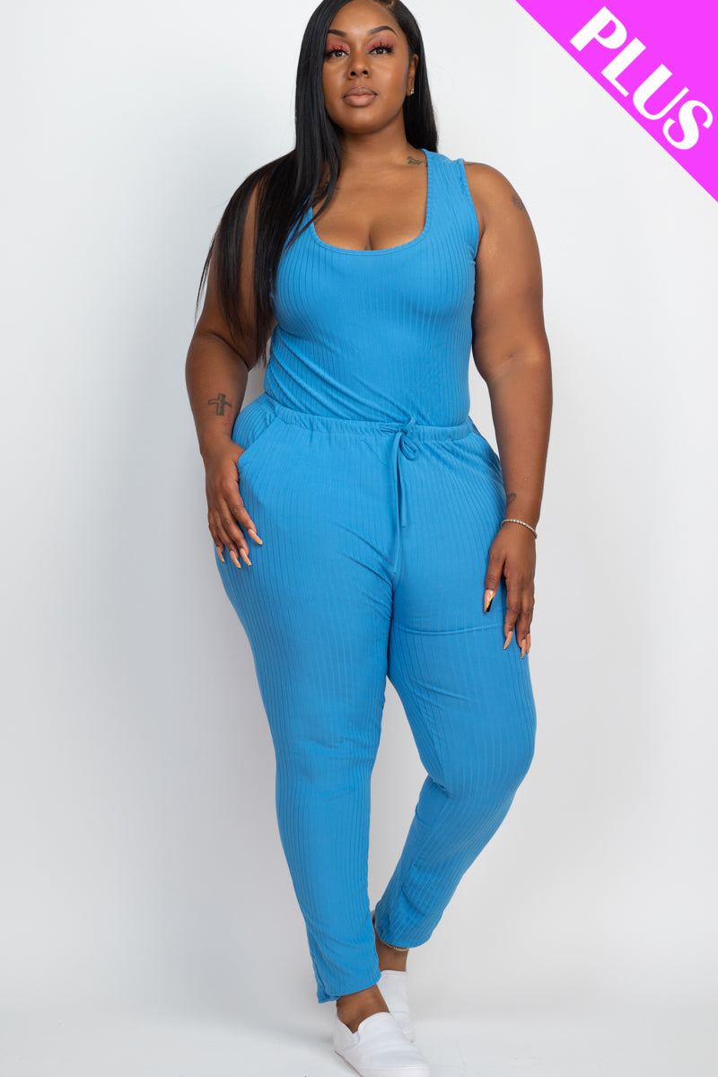 Plus Size Ribbed Sleeveless Drawstring Jumpsuit-44