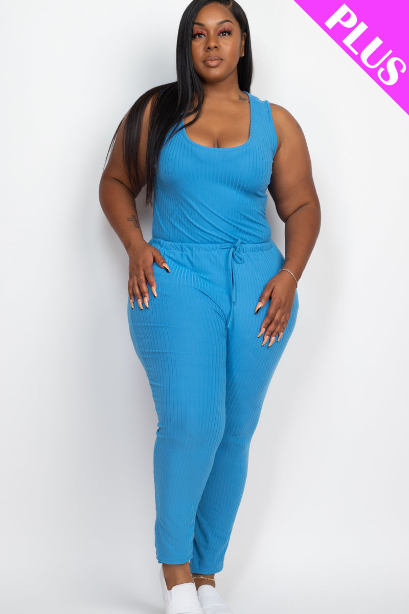 Plus Size Ribbed Sleeveless Drawstring Jumpsuit-40