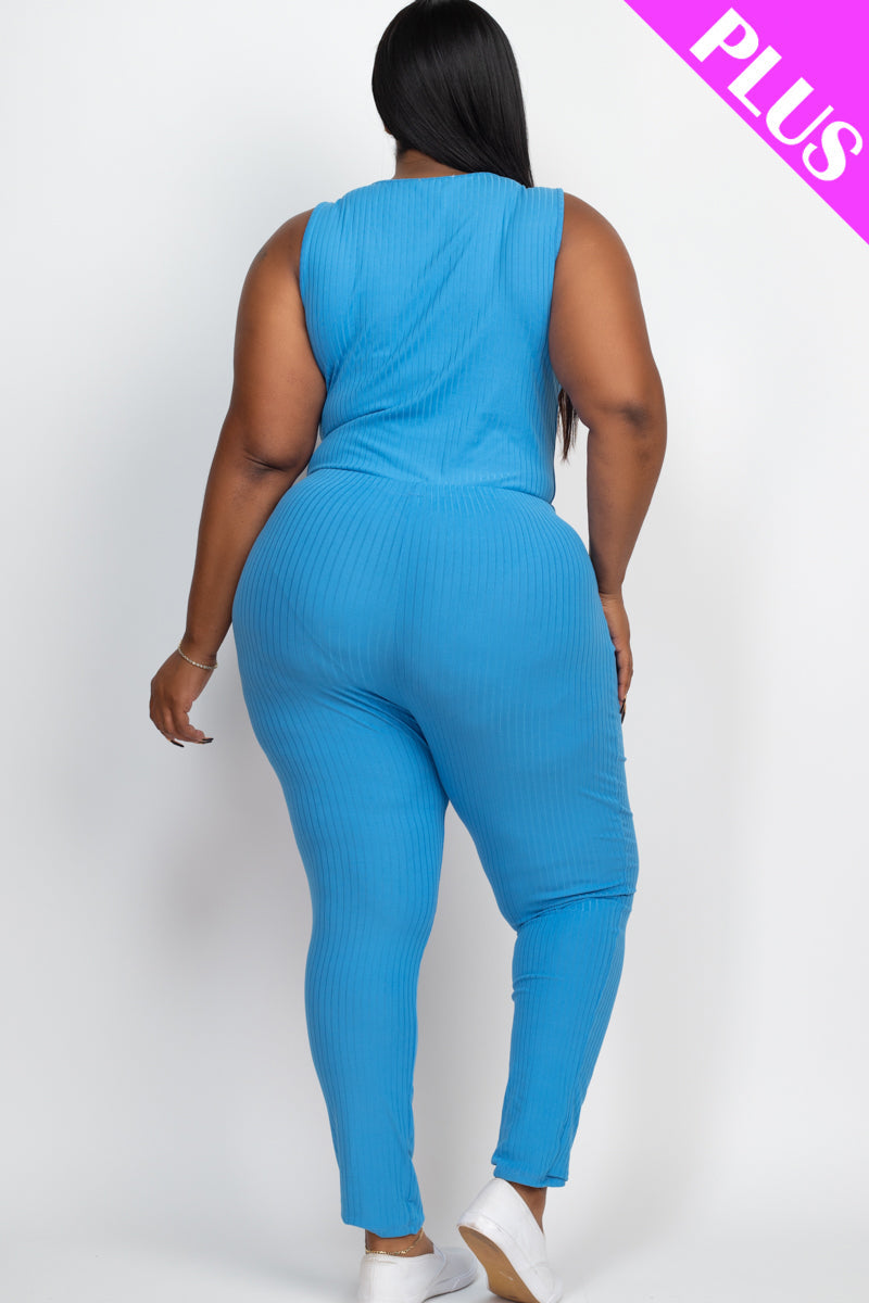 Plus Size Ribbed Sleeveless Drawstring Jumpsuit-42