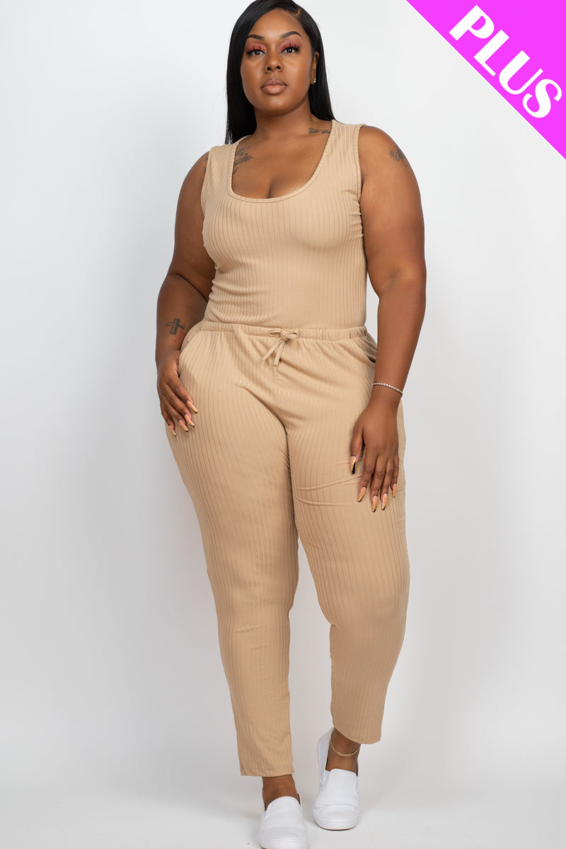 Plus Size Ribbed Sleeveless Drawstring Jumpsuit-45