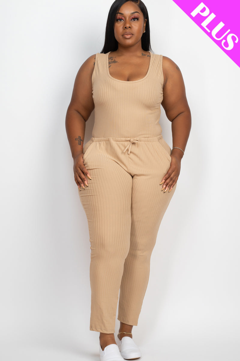 Plus Size Ribbed Sleeveless Drawstring Jumpsuit-49