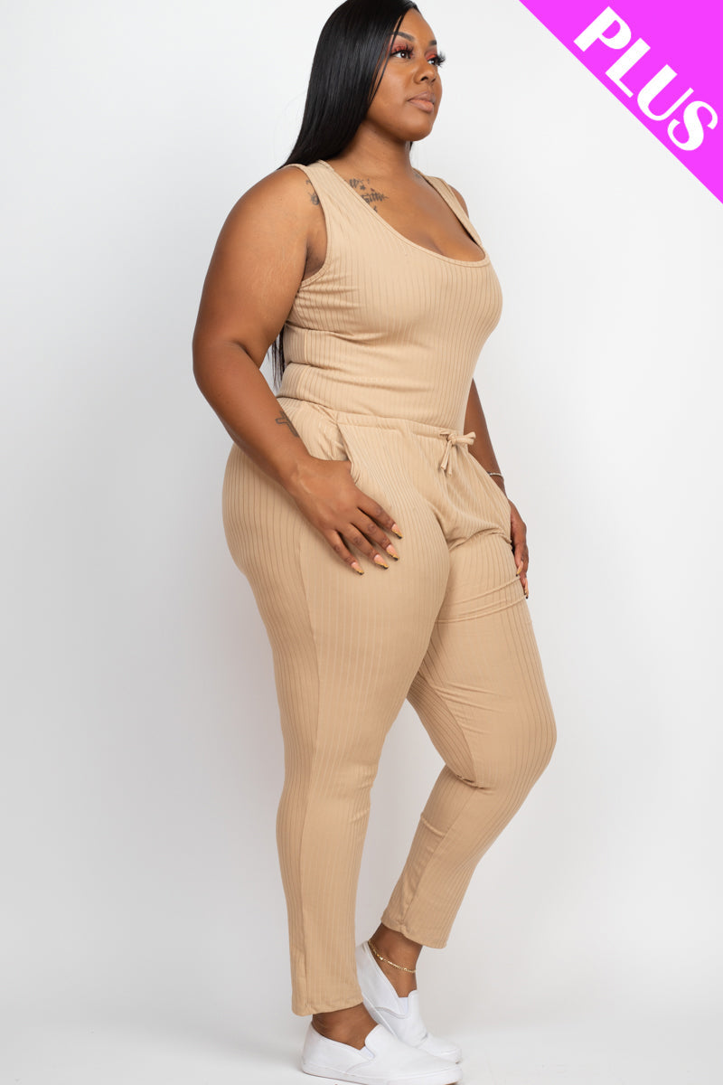 Plus Size Ribbed Sleeveless Drawstring Jumpsuit-46