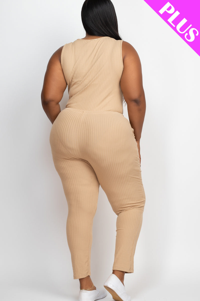 Plus Size Ribbed Sleeveless Drawstring Jumpsuit-47