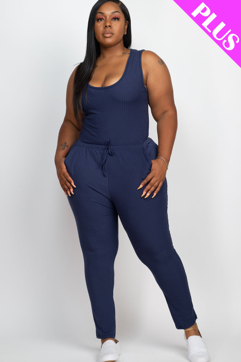 Plus Size Ribbed Sleeveless Drawstring Jumpsuit-0