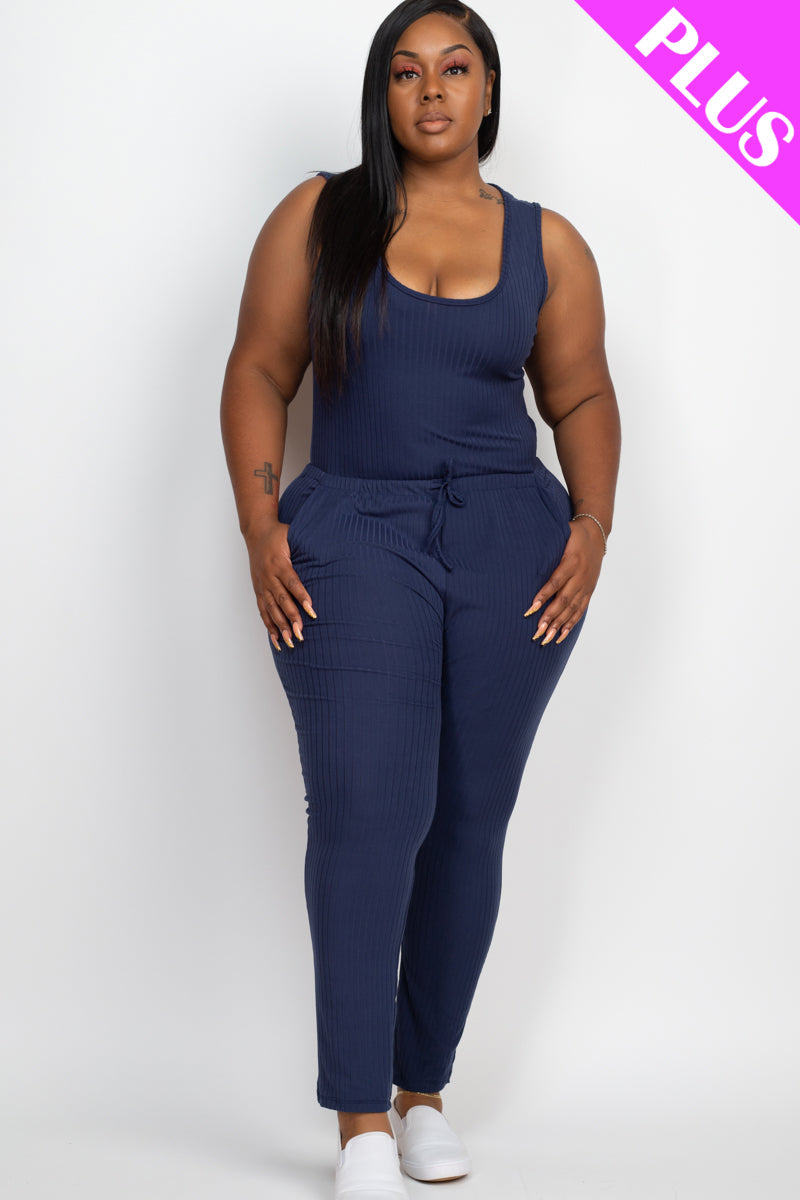 Plus Size Ribbed Sleeveless Drawstring Jumpsuit-4