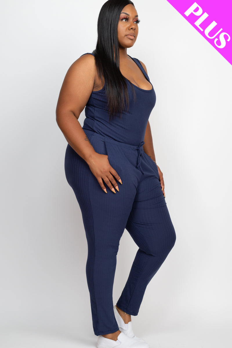 Plus Size Ribbed Sleeveless Drawstring Jumpsuit-1