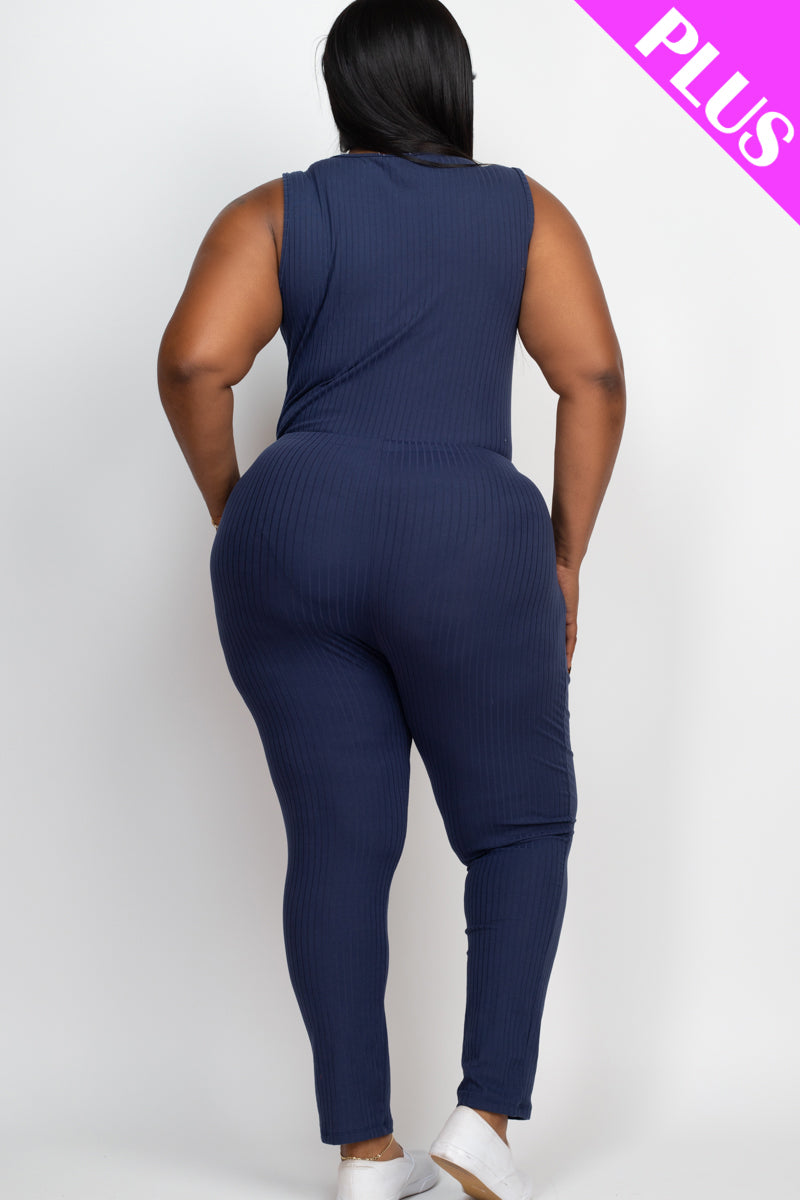 Plus Size Ribbed Sleeveless Drawstring Jumpsuit-2