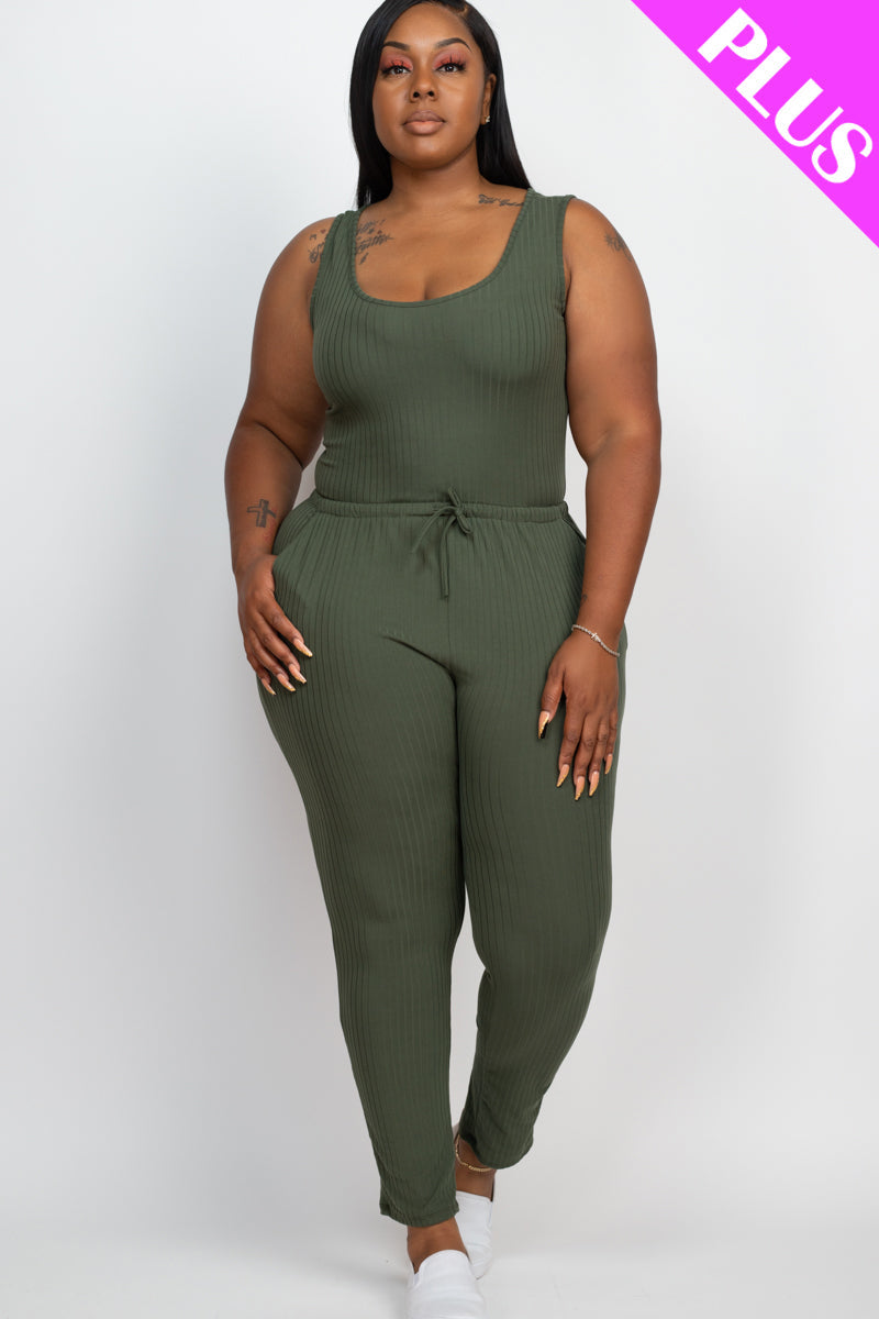 Plus Size Ribbed Sleeveless Drawstring Jumpsuit-5