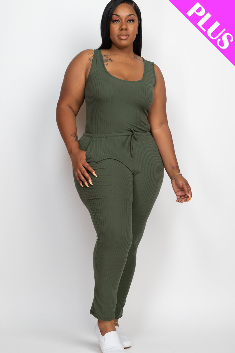 Plus Size Ribbed Sleeveless Drawstring Jumpsuit-9