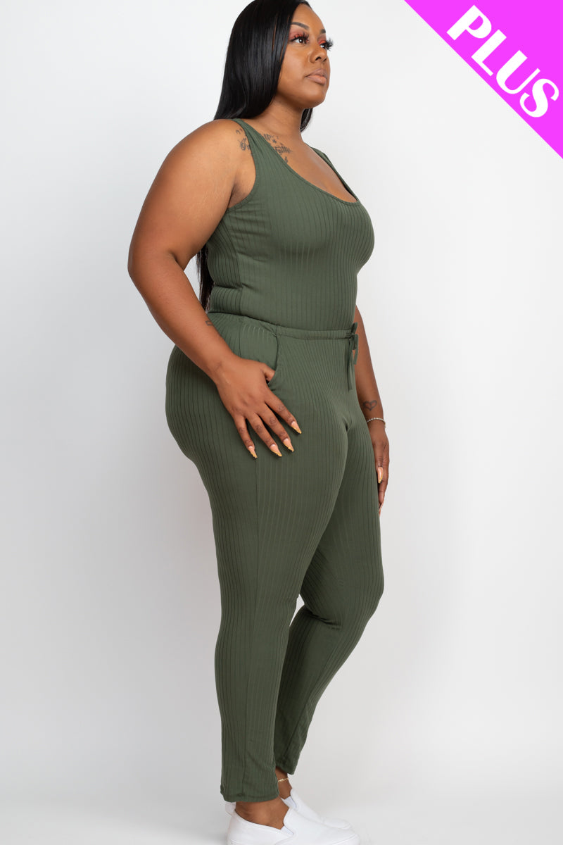 Plus Size Ribbed Sleeveless Drawstring Jumpsuit-6