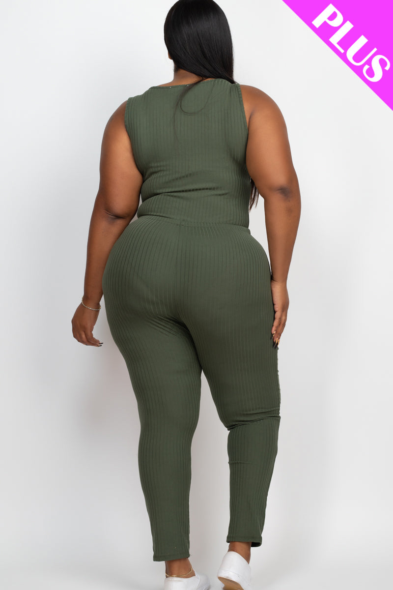 Plus Size Ribbed Sleeveless Drawstring Jumpsuit-7