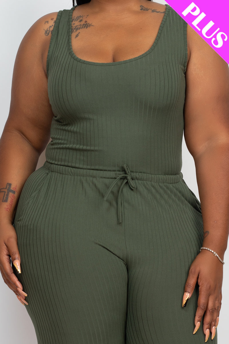 Plus Size Ribbed Sleeveless Drawstring Jumpsuit-8