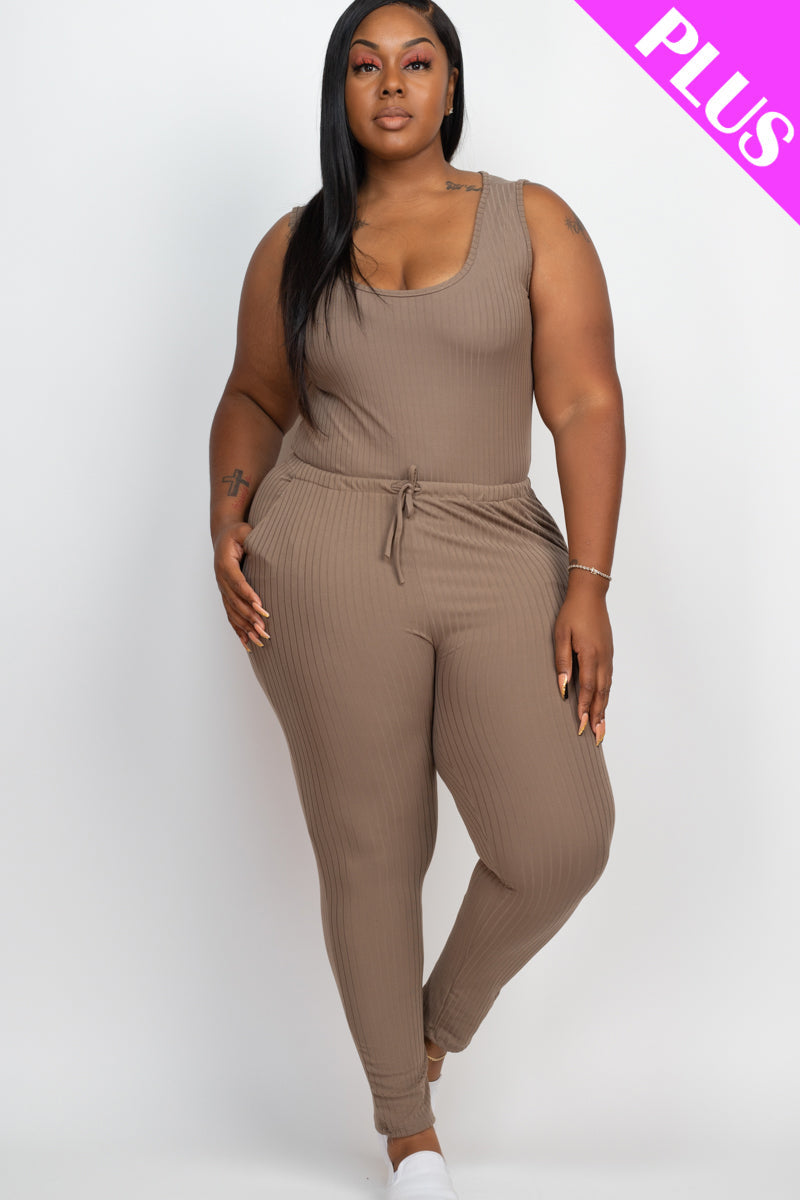 Plus Size Ribbed Sleeveless Drawstring Jumpsuit-10