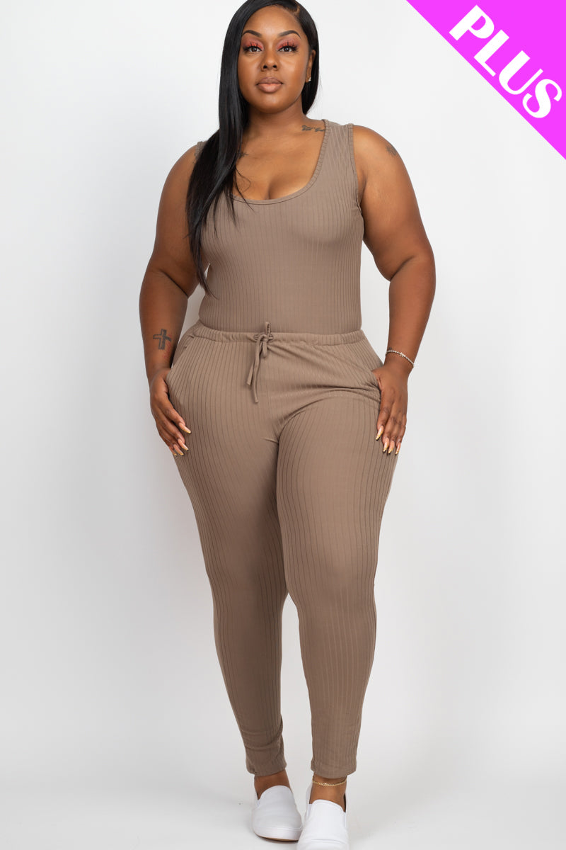 Plus Size Ribbed Sleeveless Drawstring Jumpsuit-14