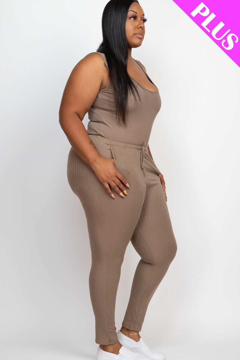 Plus Size Ribbed Sleeveless Drawstring Jumpsuit-11