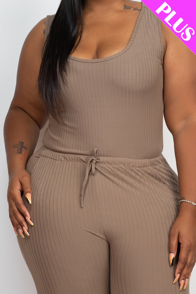 Plus Size Ribbed Sleeveless Drawstring Jumpsuit-13