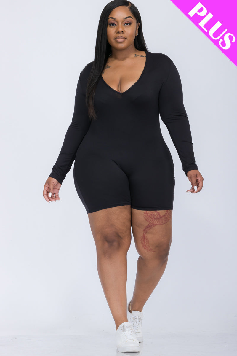 Plus Size V-Neck Long Sleeve Bodycon Romper-29