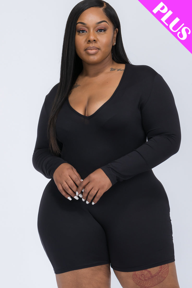 Plus Size V-Neck Long Sleeve Bodycon Romper-25