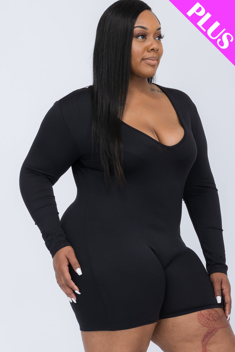 Plus Size V-Neck Long Sleeve Bodycon Romper-26