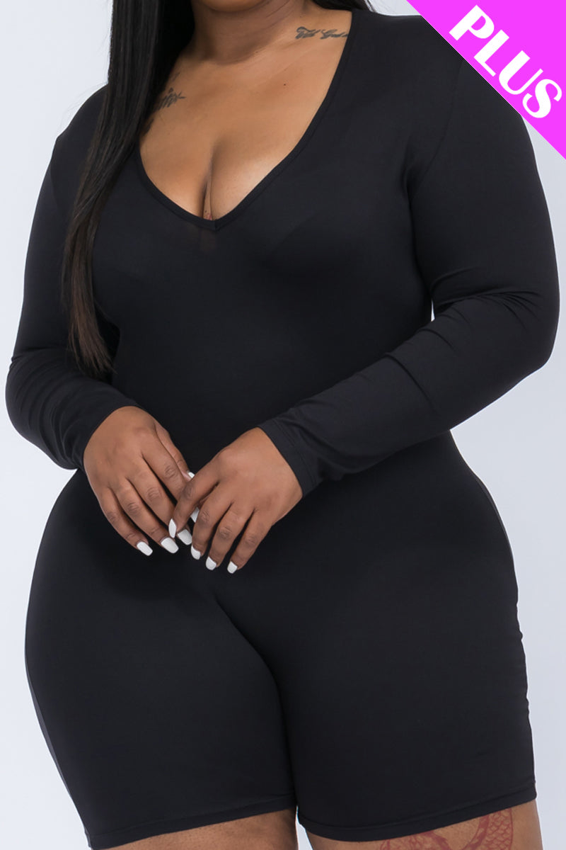 Plus Size V-Neck Long Sleeve Bodycon Romper-28