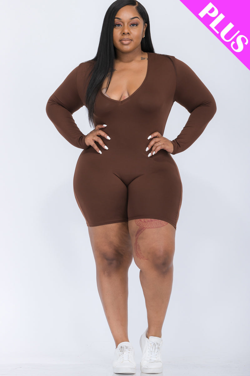 Plus Size V-Neck Long Sleeve Bodycon Romper-34