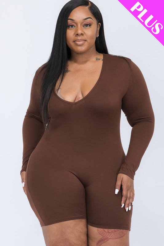 Plus Size V-Neck Long Sleeve Bodycon Romper-30