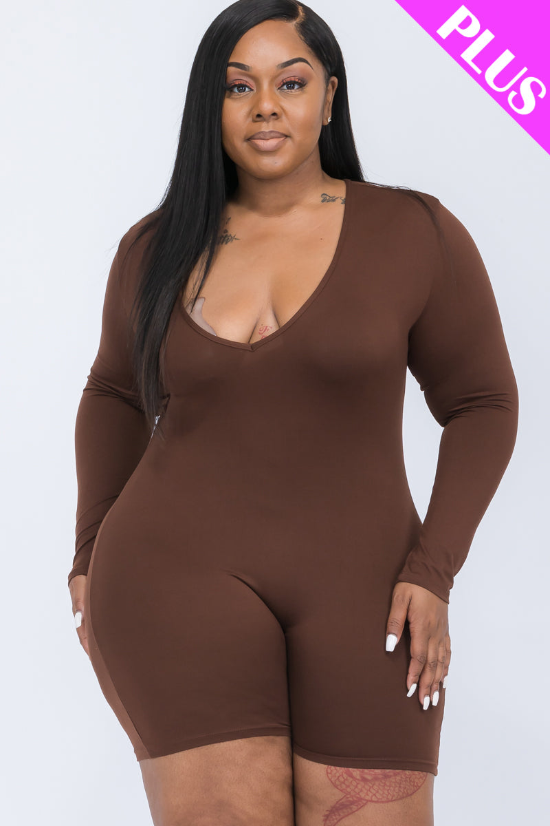 Plus Size V-Neck Long Sleeve Bodycon Romper (CAPELLA)-25