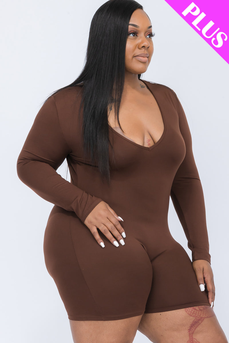 Plus Size V-Neck Long Sleeve Bodycon Romper-31