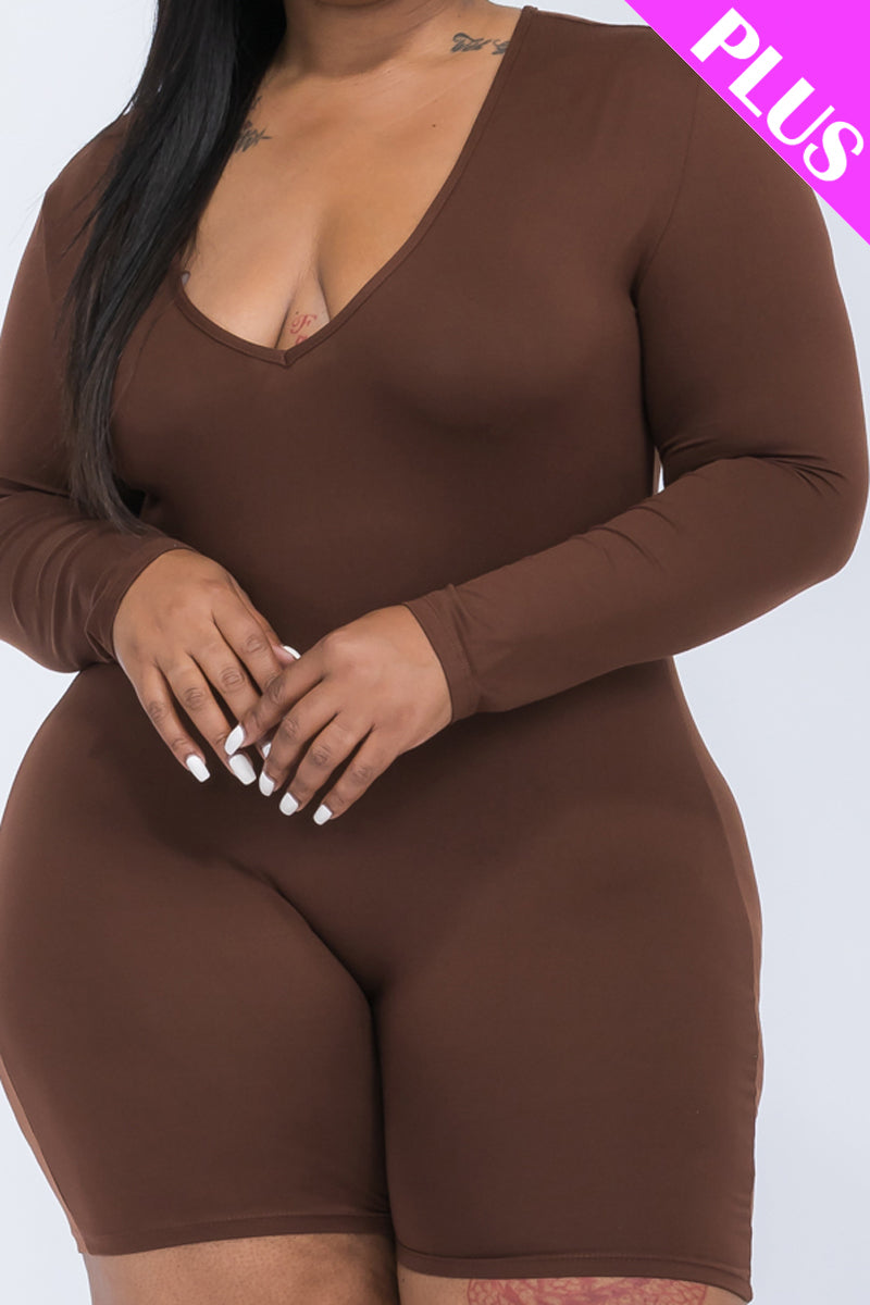 Plus Size V-Neck Long Sleeve Bodycon Romper-33