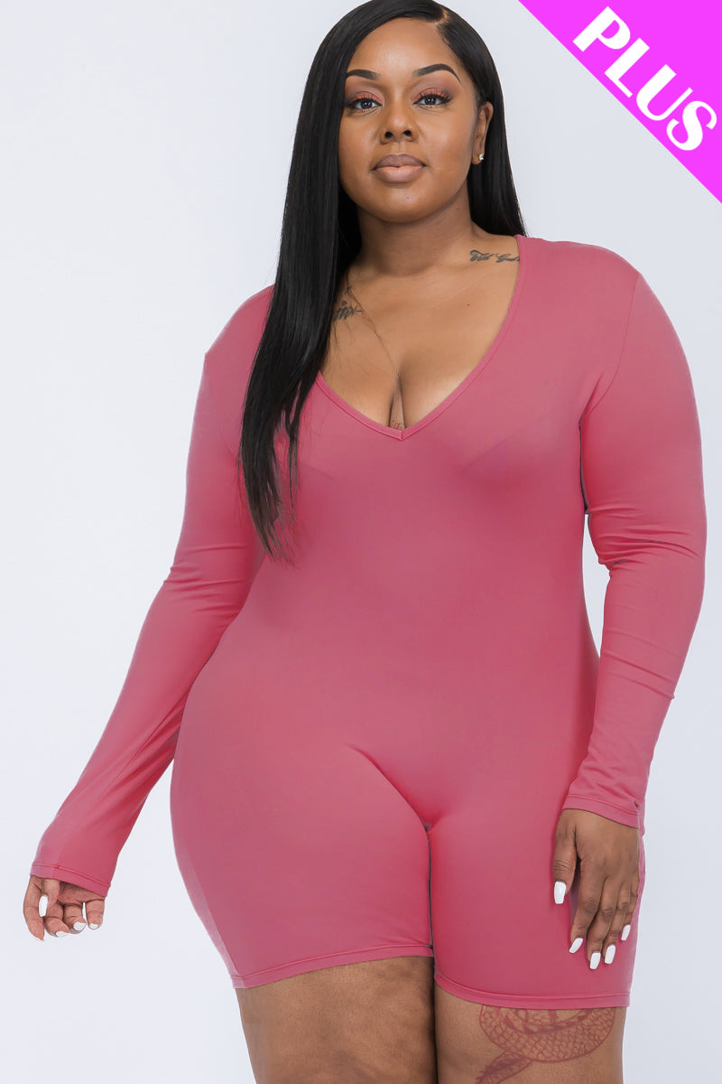 Plus Size V-Neck Long Sleeve Bodycon Romper (CAPELLA)-30