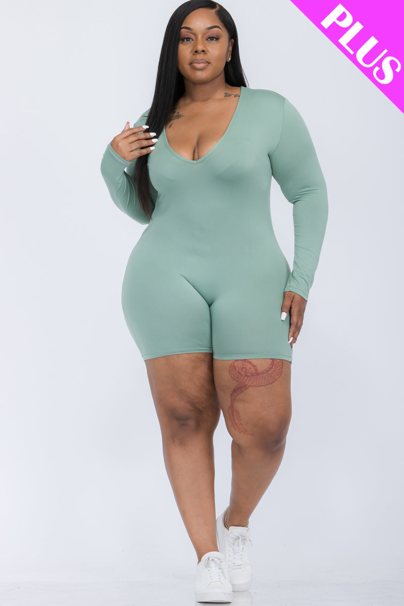 Plus Size V-Neck Long Sleeve Bodycon Romper-44