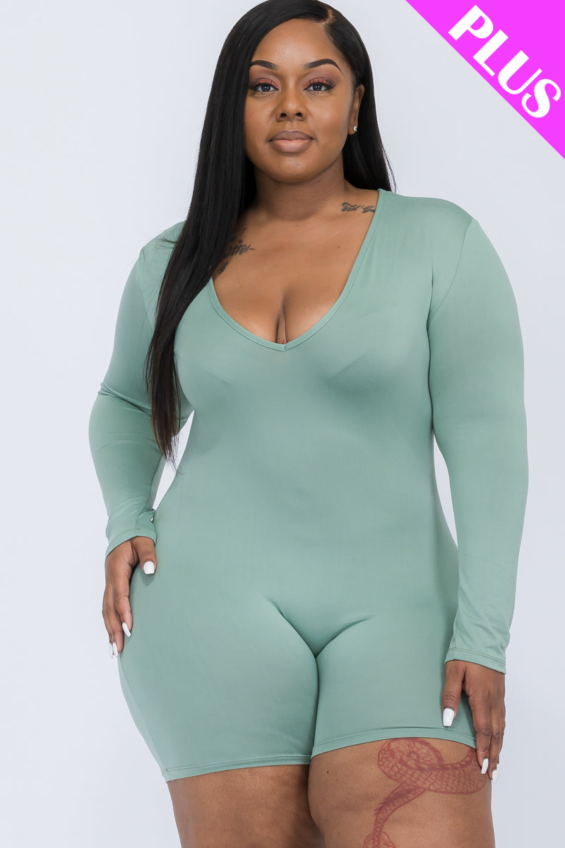 Plus Size V-Neck Long Sleeve Bodycon Romper-40