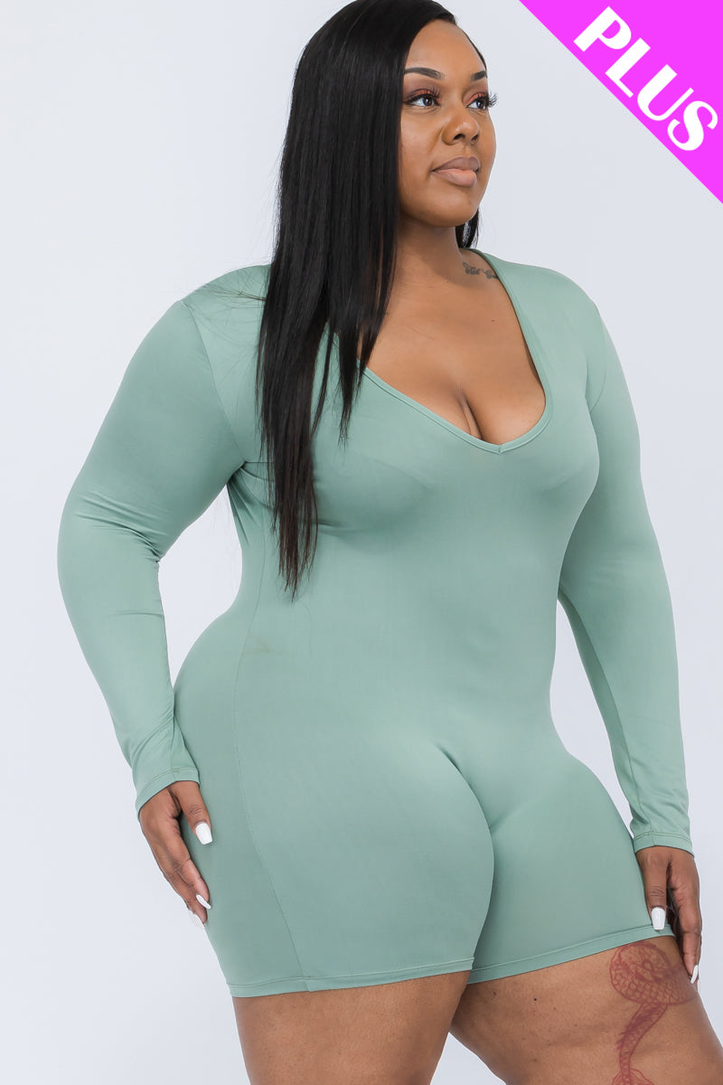 Plus Size V-Neck Long Sleeve Bodycon Romper-41