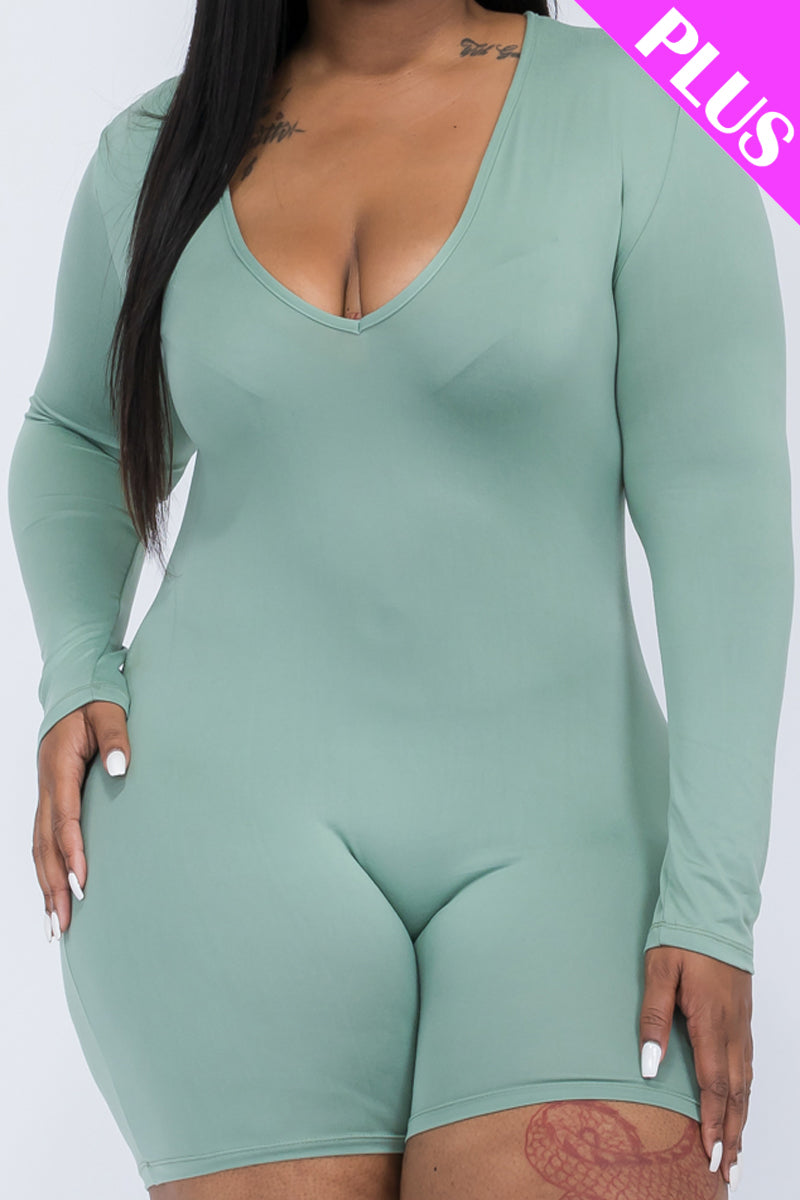 Plus Size V-Neck Long Sleeve Bodycon Romper-43