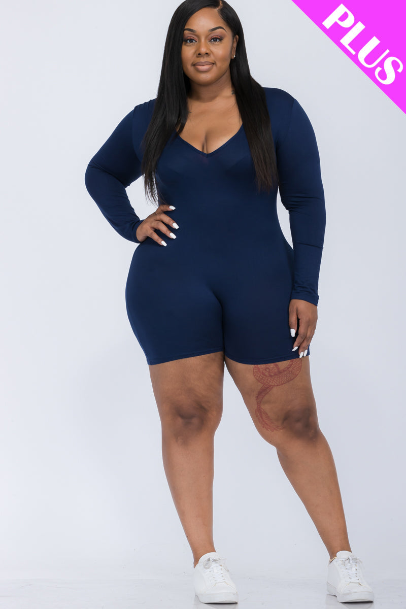 Plus Size V-Neck Long Sleeve Bodycon Romper (CAPELLA)-44