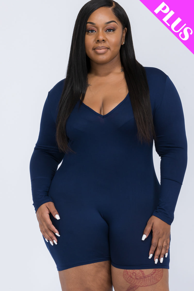 Plus Size V-Neck Long Sleeve Bodycon Romper (CAPELLA)-40