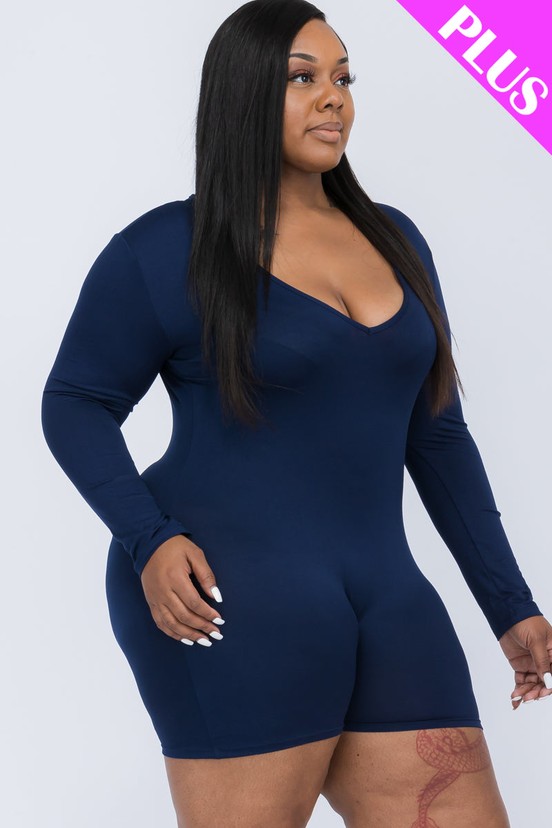 Plus Size V-Neck Long Sleeve Bodycon Romper (CAPELLA)-41