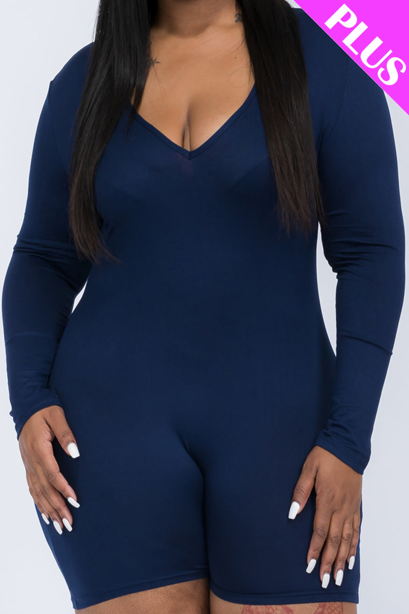 Plus Size V-Neck Long Sleeve Bodycon Romper (CAPELLA)-43