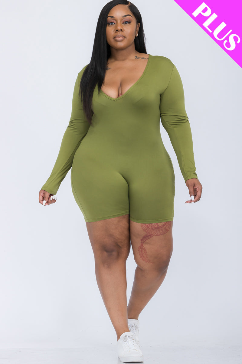 Plus Size V-Neck Long Sleeve Bodycon Romper-14