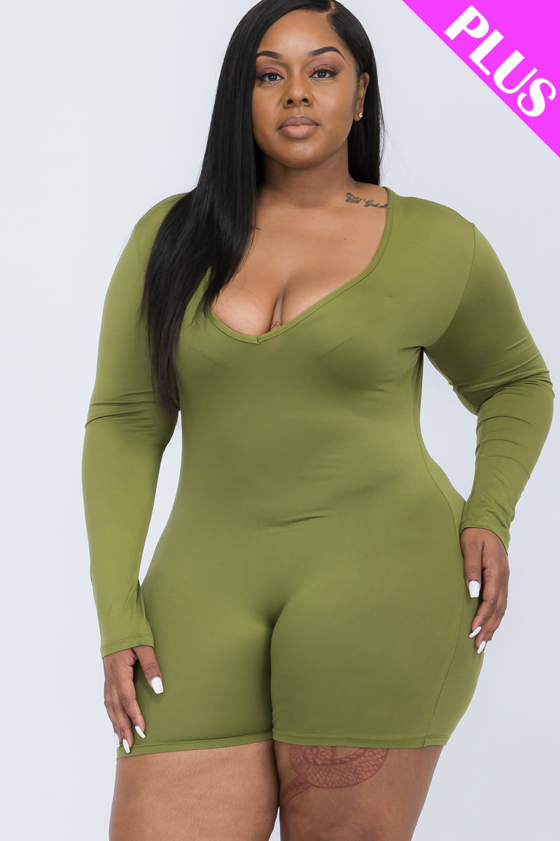 Plus Size V-Neck Long Sleeve Bodycon Romper-10