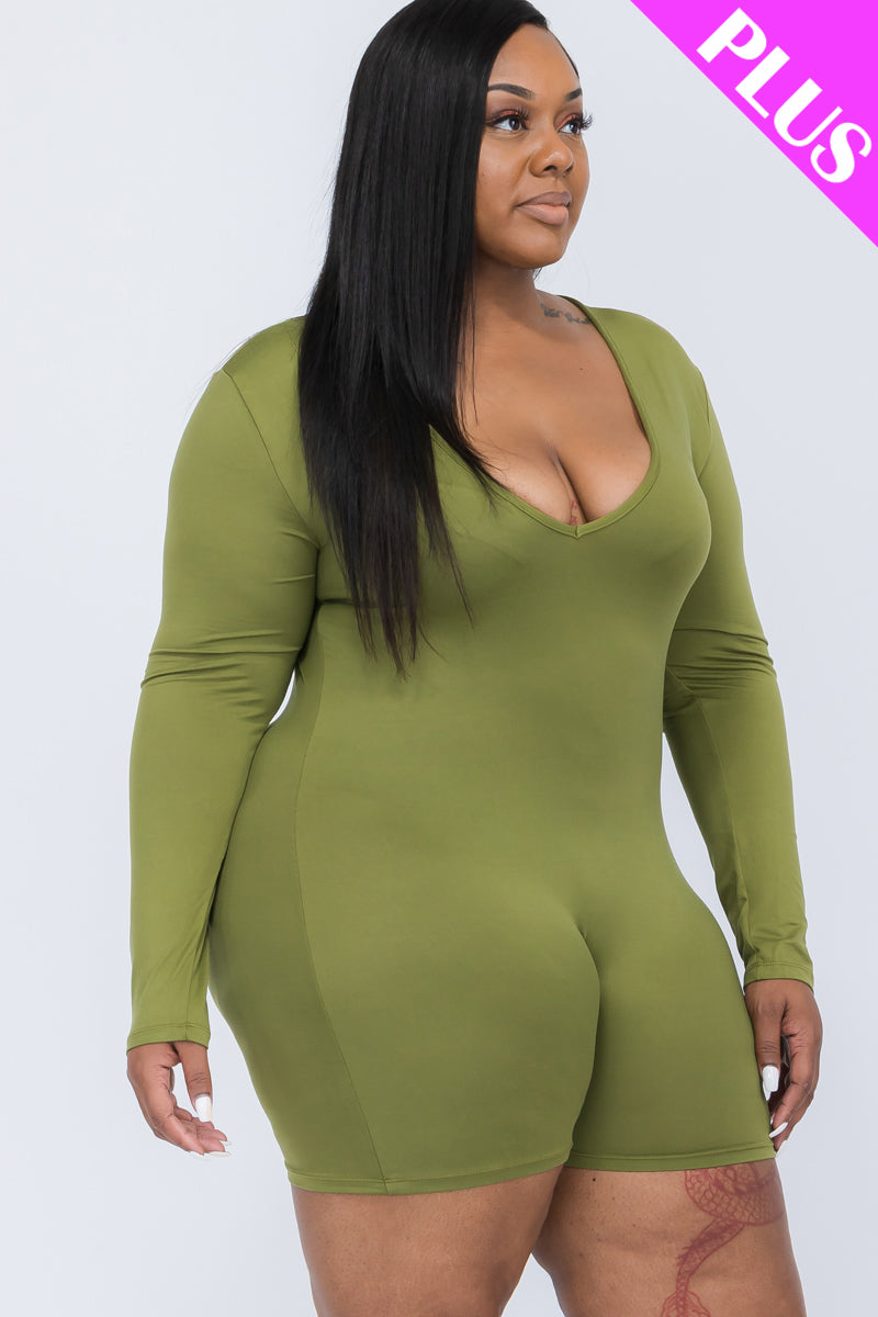 Plus Size V-Neck Long Sleeve Bodycon Romper-11