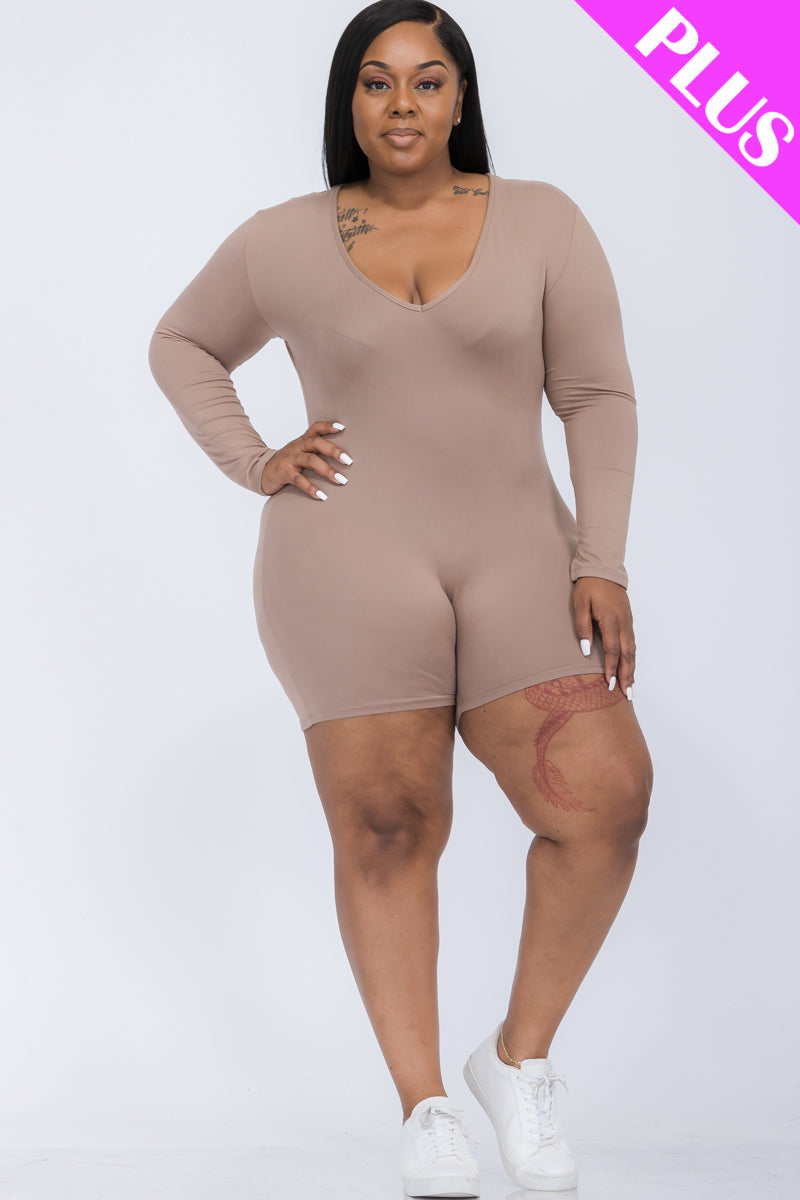 Plus Size V-Neck Long Sleeve Bodycon Romper-19