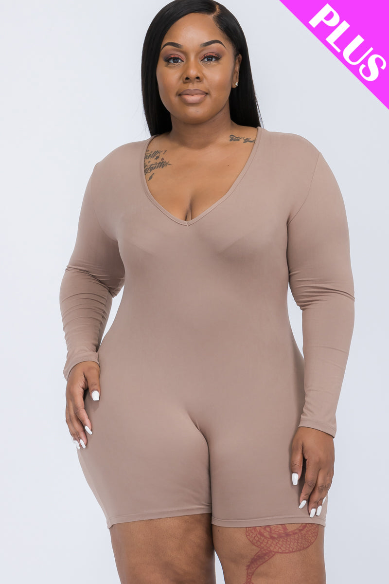 Plus Size V-Neck Long Sleeve Bodycon Romper-15