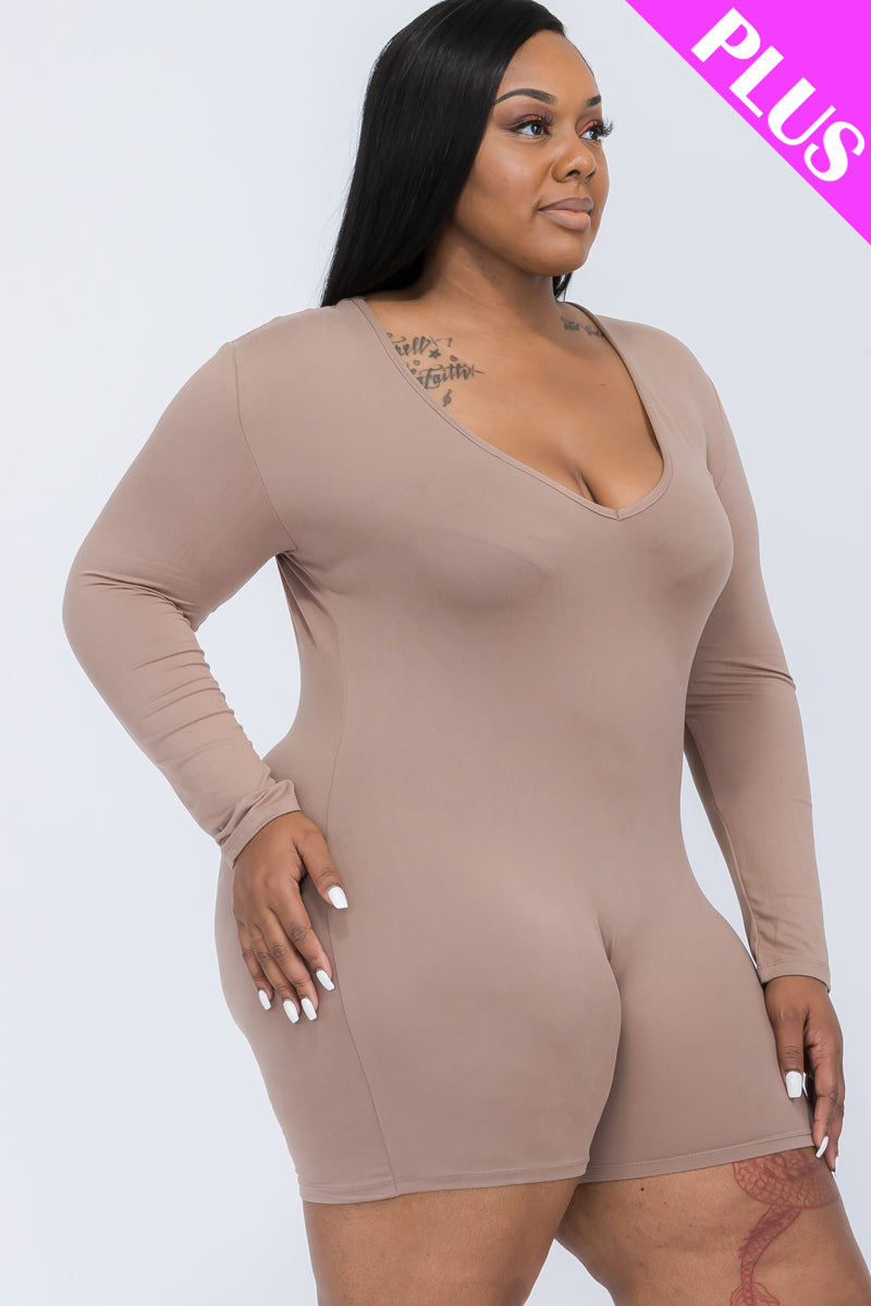 Plus Size V-Neck Long Sleeve Bodycon Romper-16