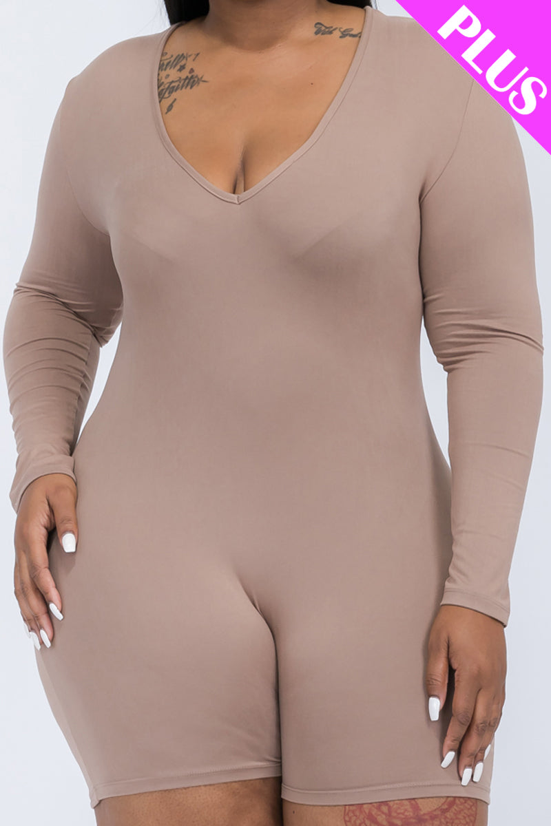 Plus Size V-Neck Long Sleeve Bodycon Romper-18