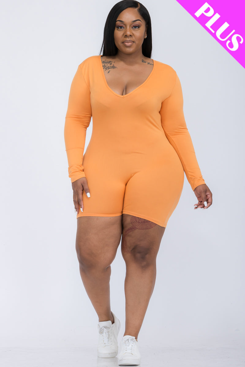 Plus Size V-Neck Long Sleeve Bodycon Romper-24