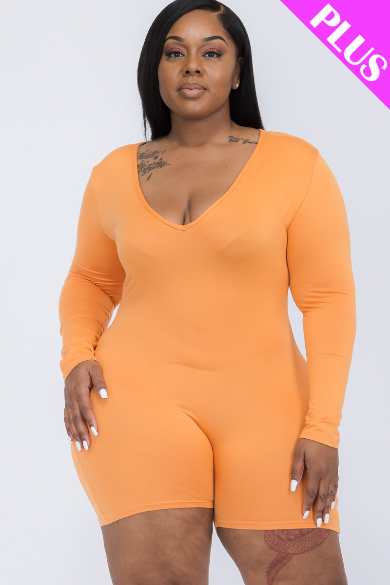 Plus Size V-Neck Long Sleeve Bodycon Romper-20